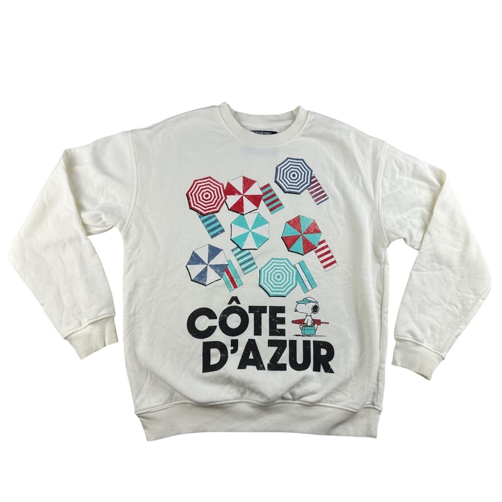 Peanuts Snoopy Sweatshirt Women XS White Côte d'Azur Graphic Ribbed Cuffs